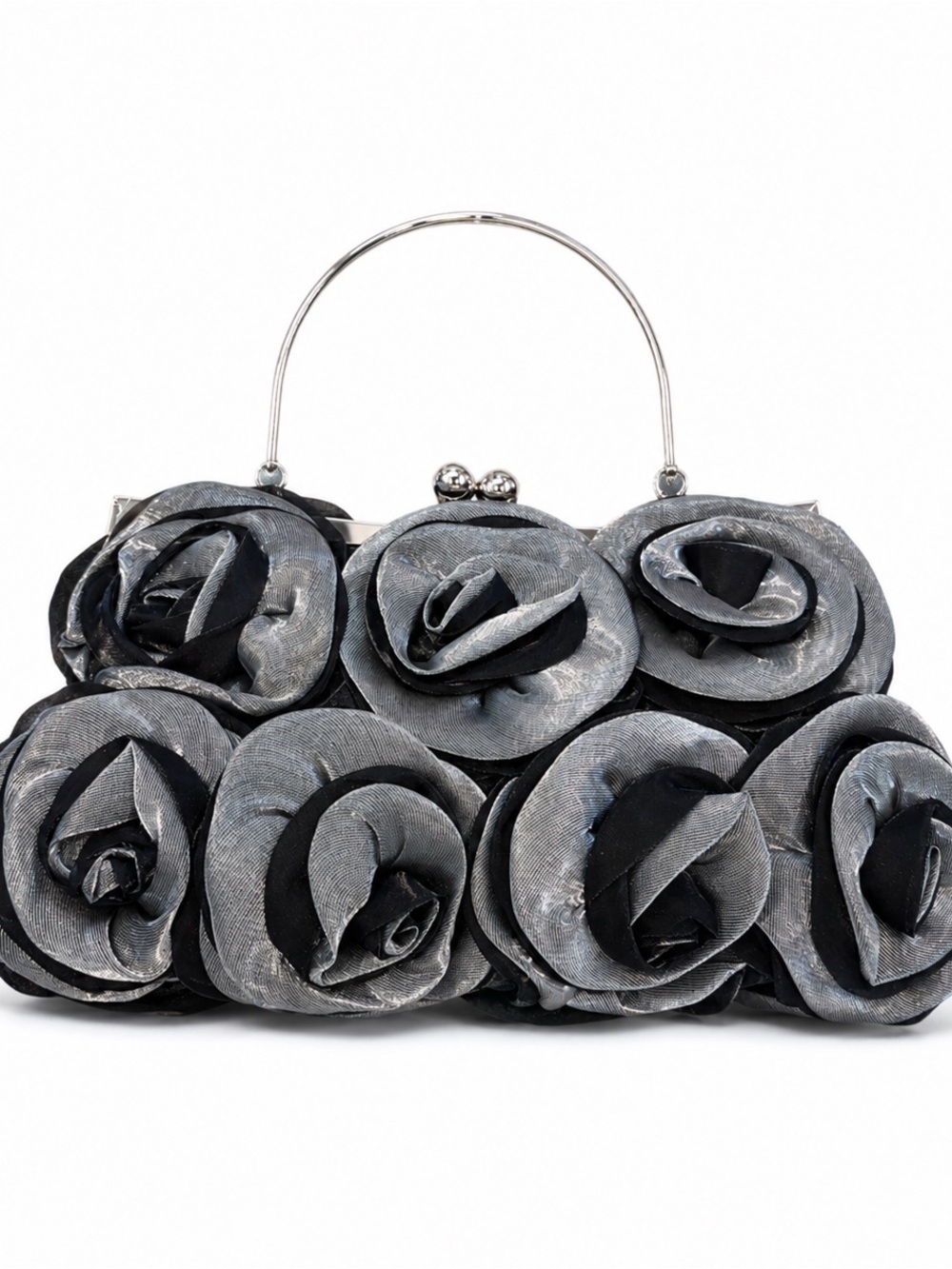 Helen Heart Gray Rosette Formal Evening Bag NWT Silver Handle Chain Strap - Picture 2 of 6